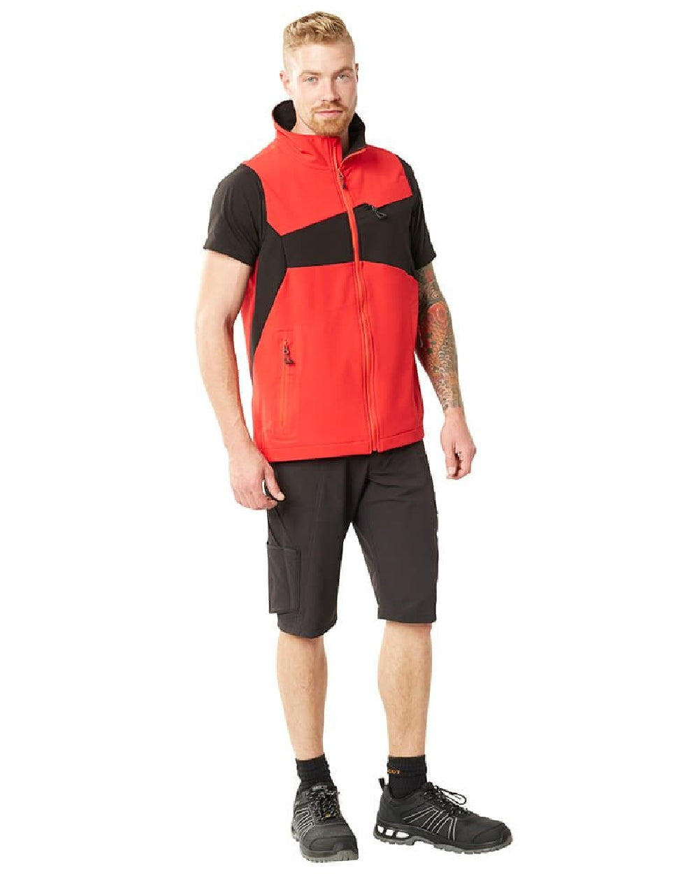 Traffic Red Black Coloured Mascot Workwear Mens Accelerate Lightweight Gilet on white background