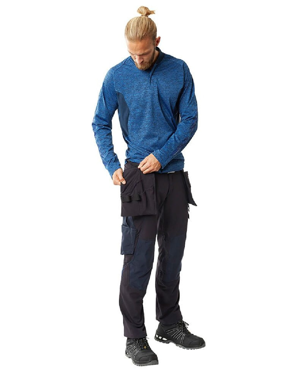Azure Blue Dark Navy Coloured Mascot Workwear Mens Accelerate Long Sleeved Polo Shirt on white background