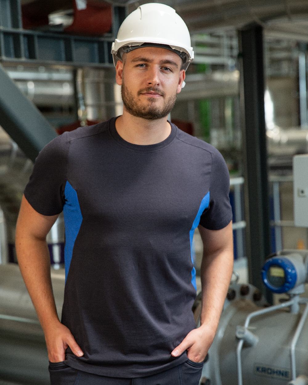 Dark Navy Azure Blue Coloured Mascot Workwear Mens Accelerate Round Neck T-Shirt on factory background