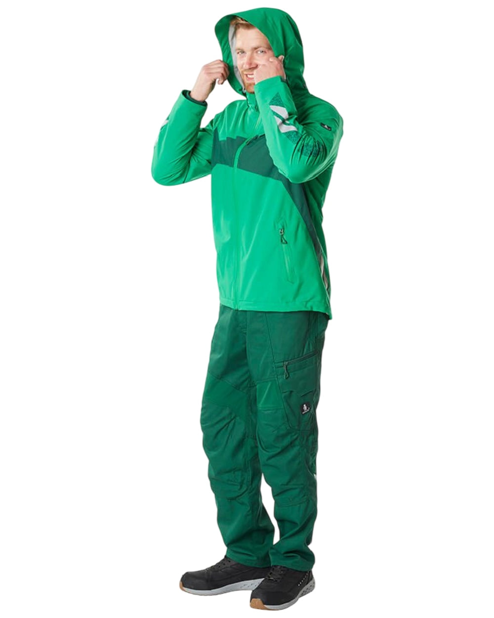Green Coloured Mascot Workwear Mens Accelerate Stretch Zones Bib & Brace With Kneepad Pockets on white background