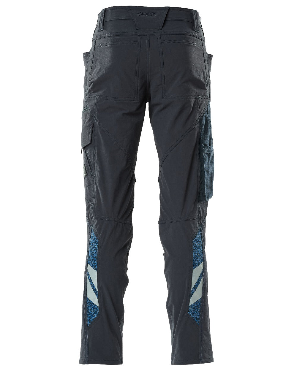 Dark Navy Coloured Mascot Workwear Mens Accelerate Ultimate Stretch Trousers With Kneepad Pockets on white background