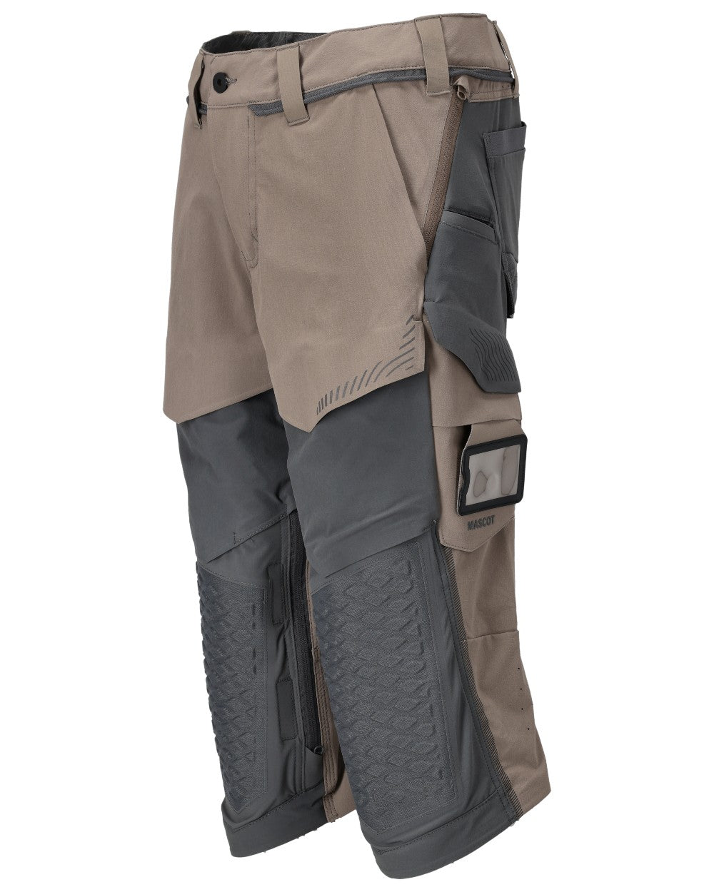 Dark Sand Stone Grey Coloured Mascot Workwear Mens Customized 3/4 Length Trousers With Kneepad Pockets on white background