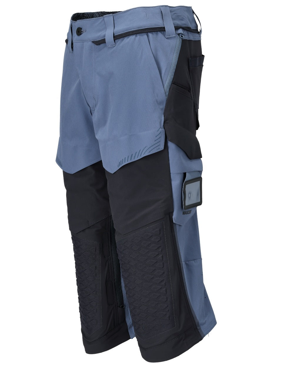 Stone Blue Dark Navy Coloured Mascot Workwear Mens Customized 3/4 Length Trousers With Kneepad Pockets on white background