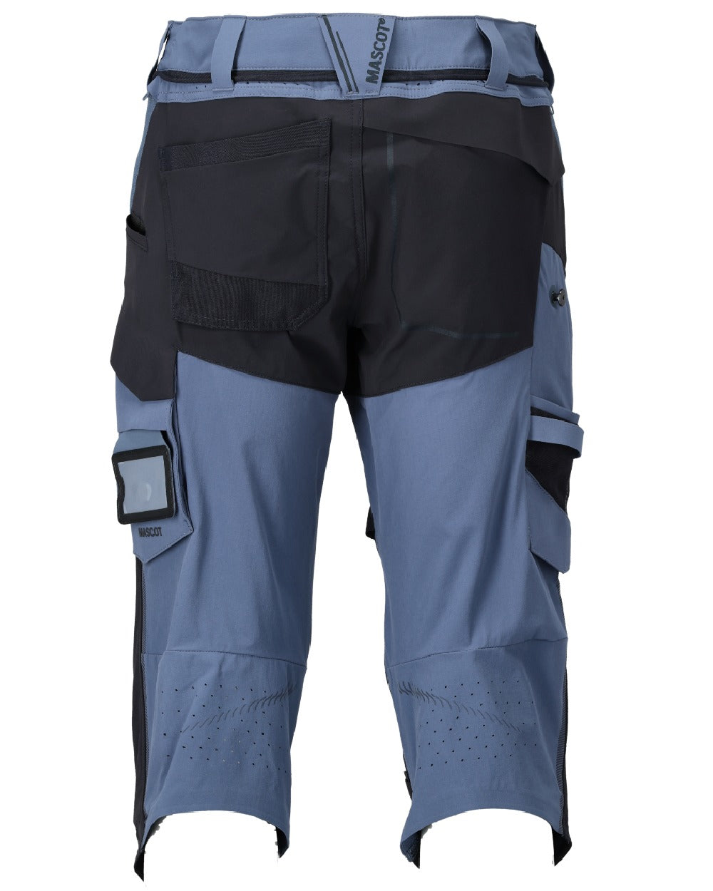 Stone Blue Dark Navy Coloured Mascot Workwear Mens Customized 3/4 Length Trousers With Kneepad Pockets on white background