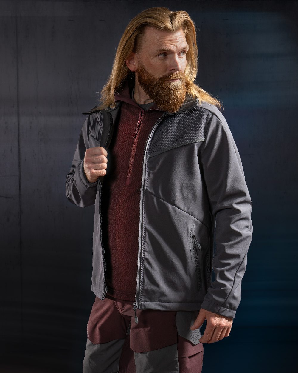 Stone Grey Coloured Mascot Workwear Mens Customized Breathable Softshell Jacket on studio background