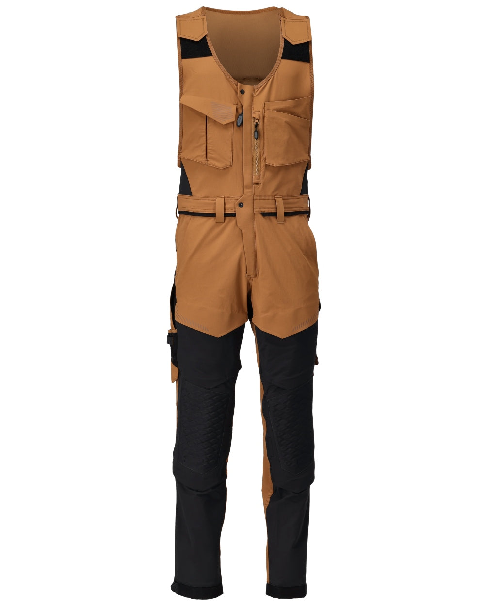 Nut Brown Black Coloured Mascot Workwear Mens Customized Combi Suit With Kneepad Pockets on white background