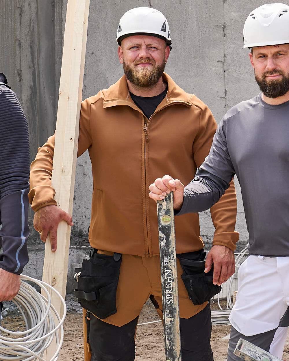 Nut Brown Coloured Mascot Workwear Mens Customized Full Zip Fleece Jumper on construction background