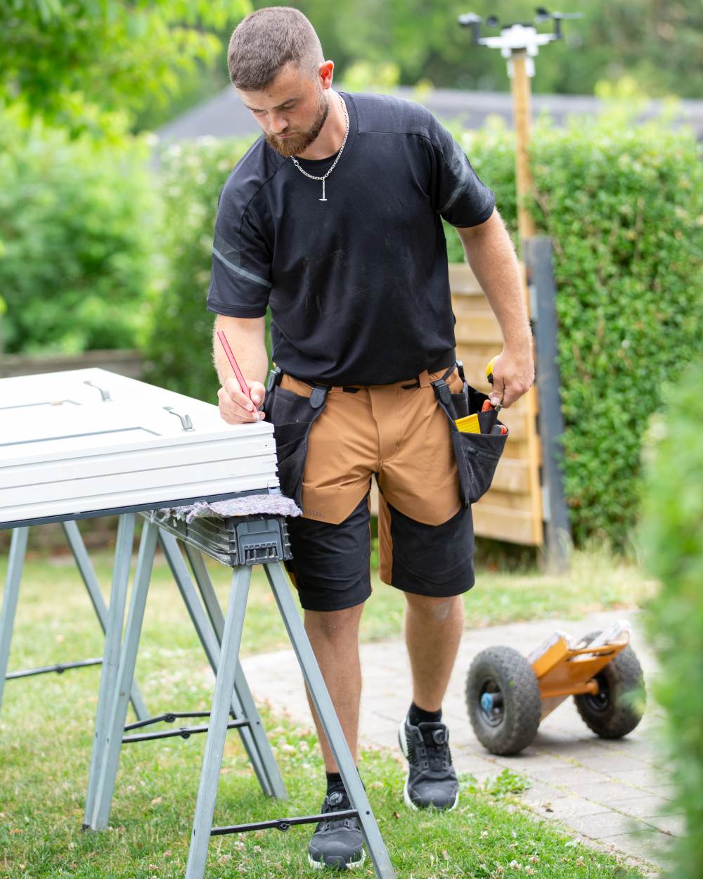 Nut Brown Black Coloured Mascot Workwear Mens Customized Lightweight Shorts on outdoor background