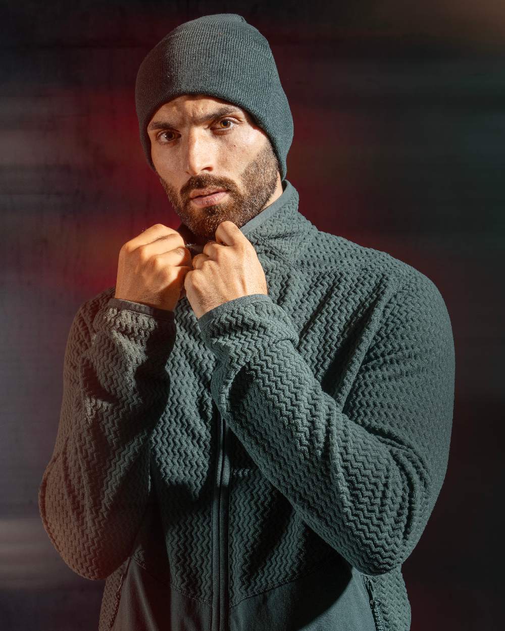 Forest Green Coloured Mascot Workwear Mens Customized Microfleece Jumper With Zipper on indoor background