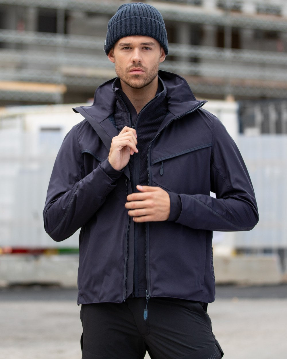Dark Navy Coloured Mascot Workwear Mens Customized Outer Shell Jacket on outdoor background