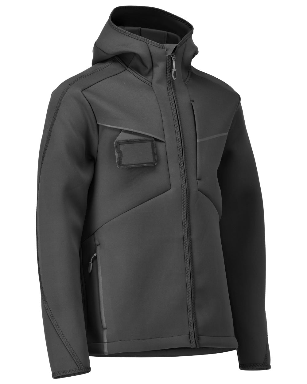 Black Coloured Mascot Workwear Mens Customized Reflective Softshell Jacket With Hood on white background