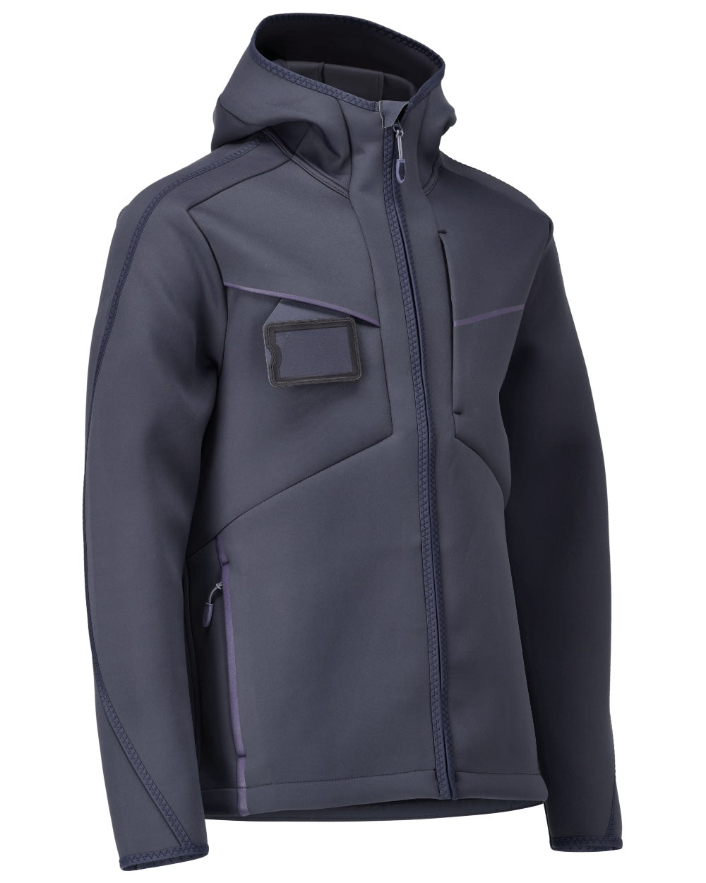 Dark Navy Coloured Mascot Workwear Mens Customized Reflective Softshell Jacket With Hood on white background