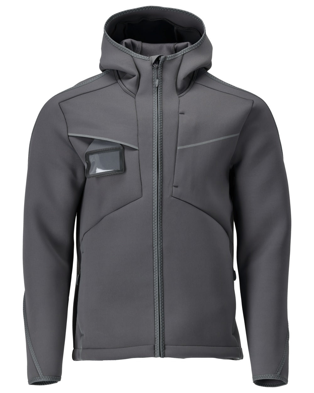 Stone Grey Coloured Mascot Workwear Mens Customized Reflective Softshell Jacket With Hood on white background
