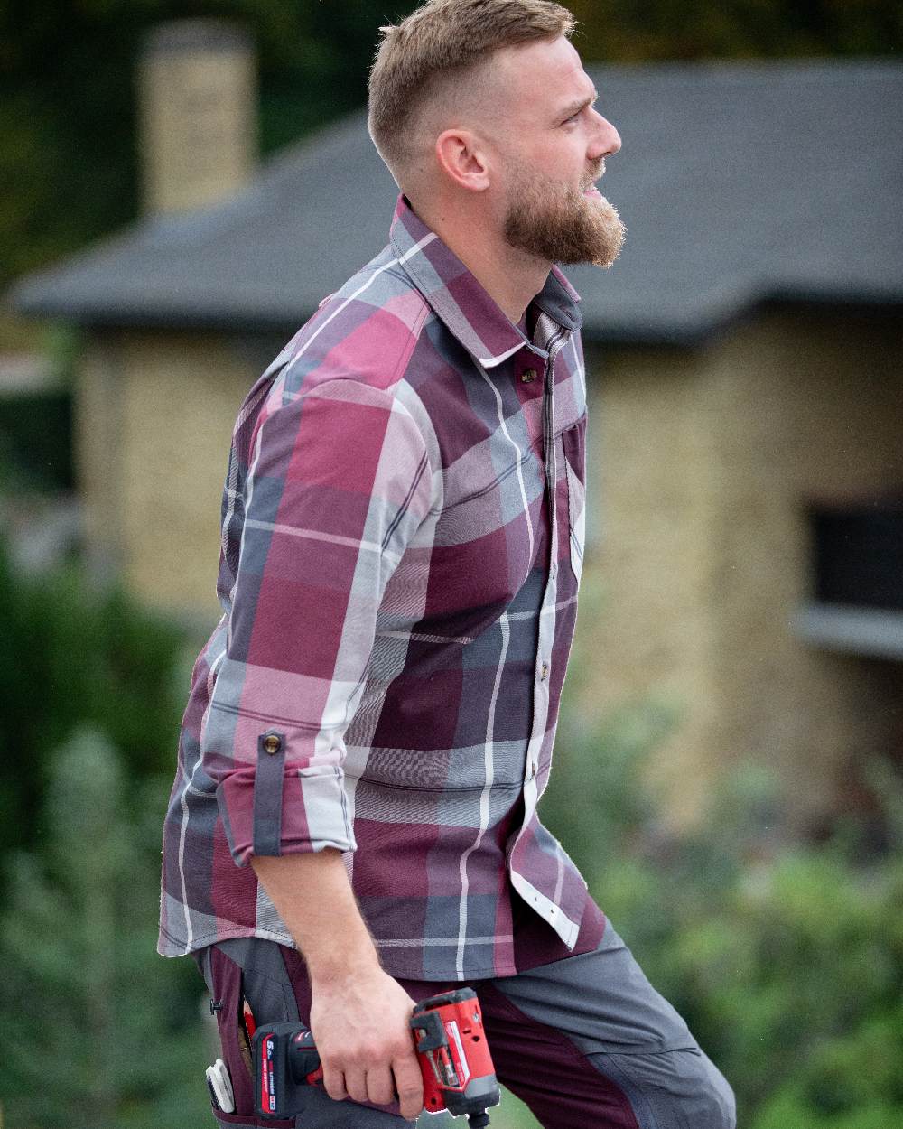 Bordeaux Checked Checked Coloured Mascot Workwear Mens Customized Shirt on outdoor background
