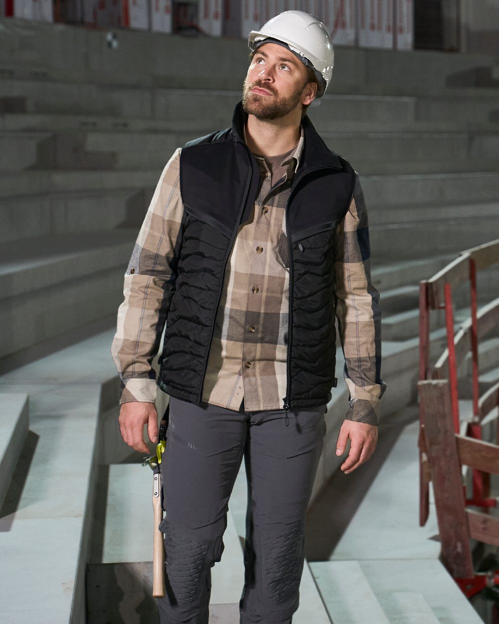 Dark Sand Checked Coloured Mascot Workwear Mens Customized Shirt on construction background