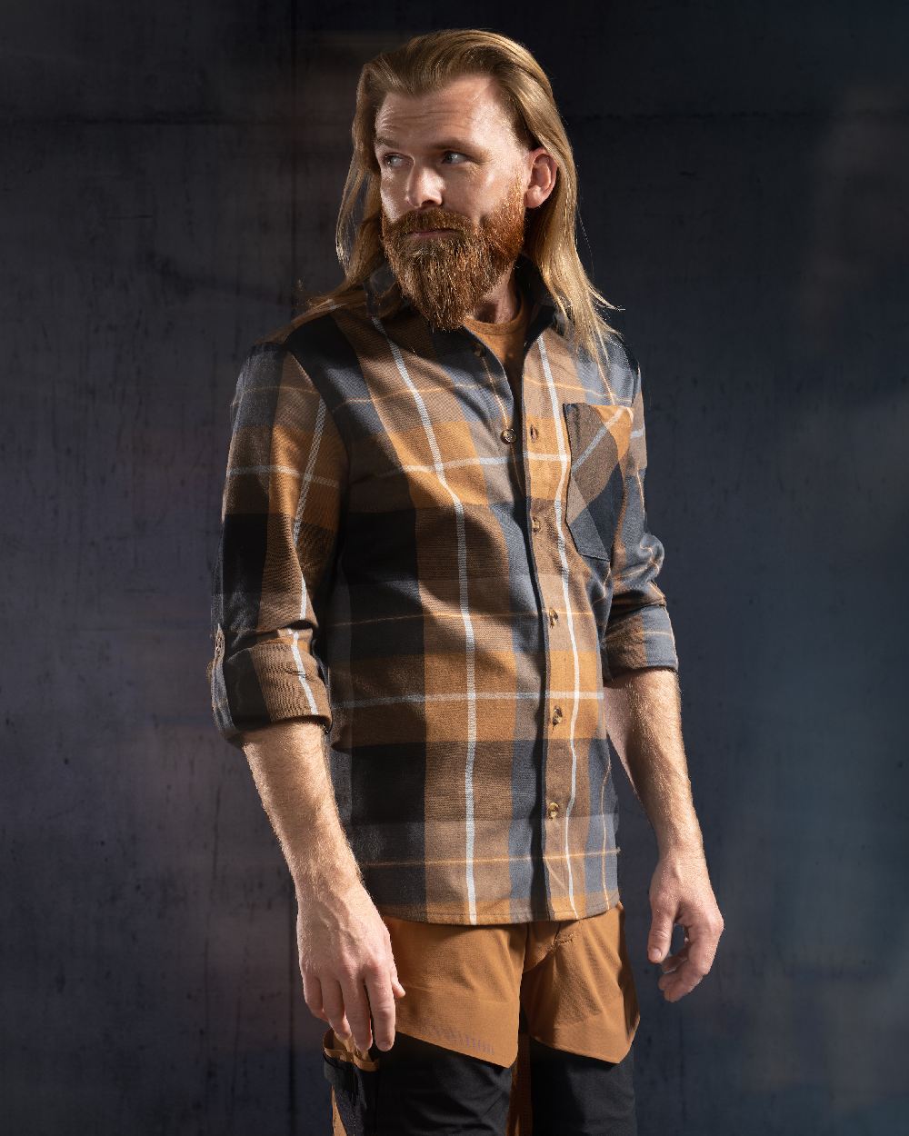 Nut Brown Checked Coloured Mascot Workwear Mens Customized Shirt on studio background