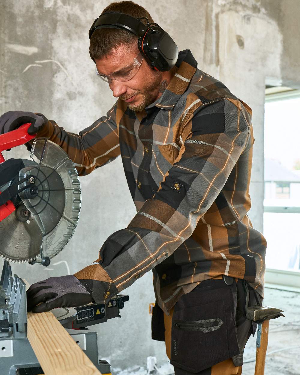 Nut Brown Checked Coloured Mascot Workwear Mens Customized Shirt on construction background