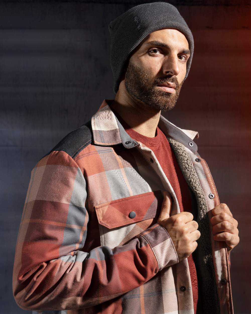 Bordeaux Checked Coloured Mascot Workwear Mens Customized Shirt With Pile Lining on studio background