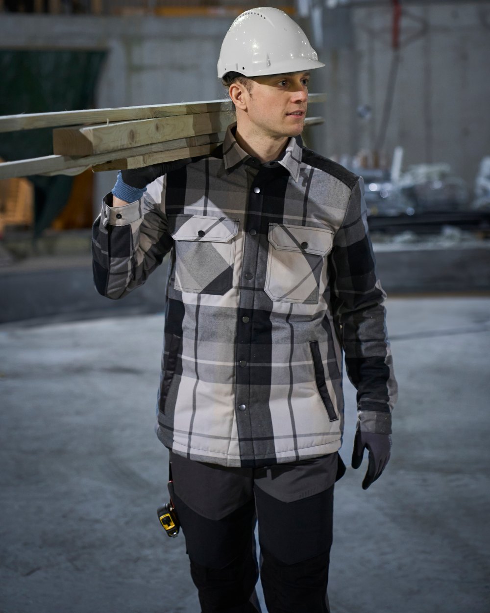 Stone Grey Checked Coloured Mascot Workwear Mens Customized Shirt With Pile Lining on construction background