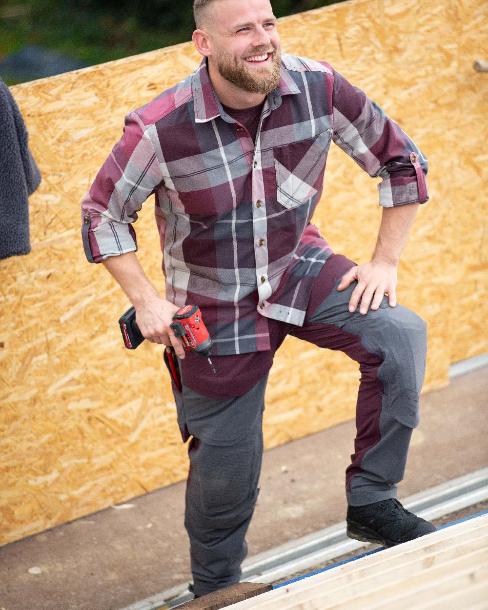 Bordeaux Stone Grey Coloured Mascot Workwear Mens Customized Ultimate Stretch Trousers on outdoor background