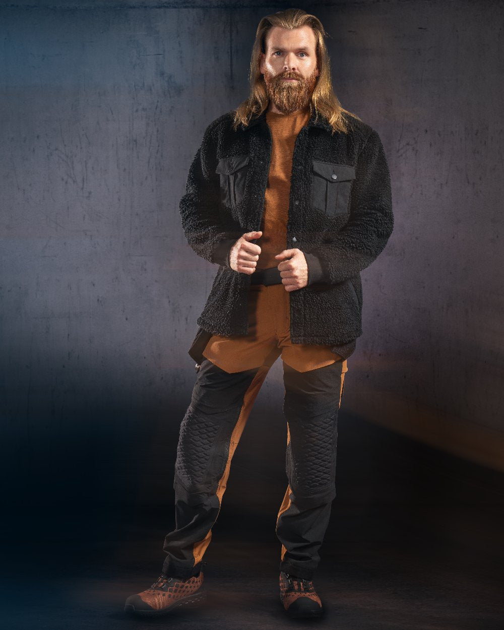 Nut Brown Black Coloured Mascot Workwear Mens Customized Ultimate Stretch Trousers on studio background