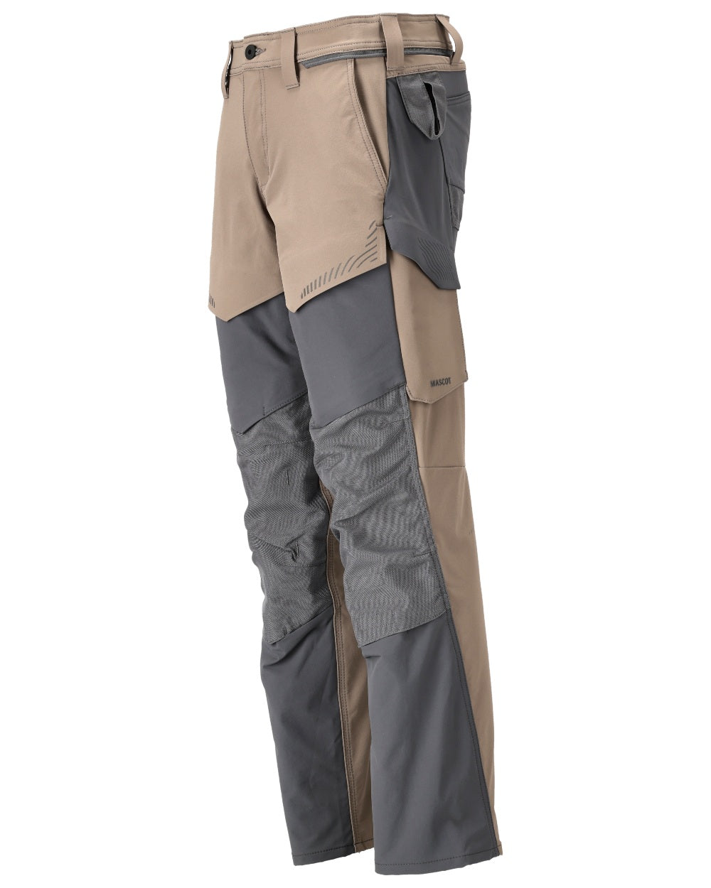 Dark Sand Stone Grey Coloured Mascot Workwear Mens Customized Ultimate Stretch Trousers With Kneepad Pockets on white background