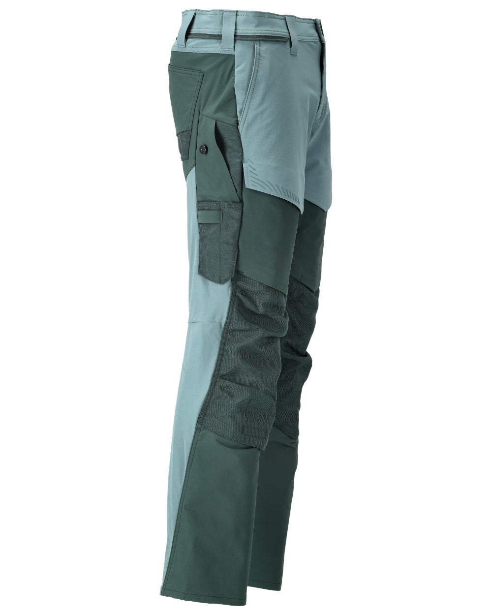 Light Forest Green Coloured Mascot Workwear Mens Customized Ultimate Stretch Trousers With Kneepad Pockets on white background