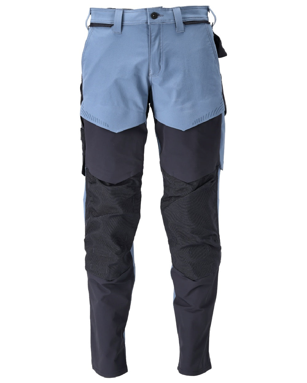 Stone Blue Dark Navy Coloured Mascot Workwear Mens Customized Ultimate Stretch Trousers With Kneepad Pockets on white background
