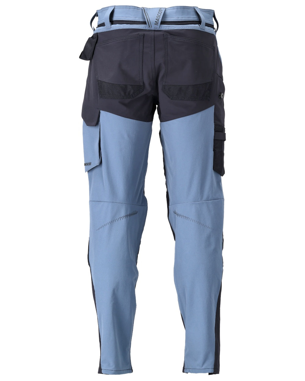 Stone Blue Dark Navy Coloured Mascot Workwear Mens Customized Ultimate Stretch Trousers With Kneepad Pockets on white background