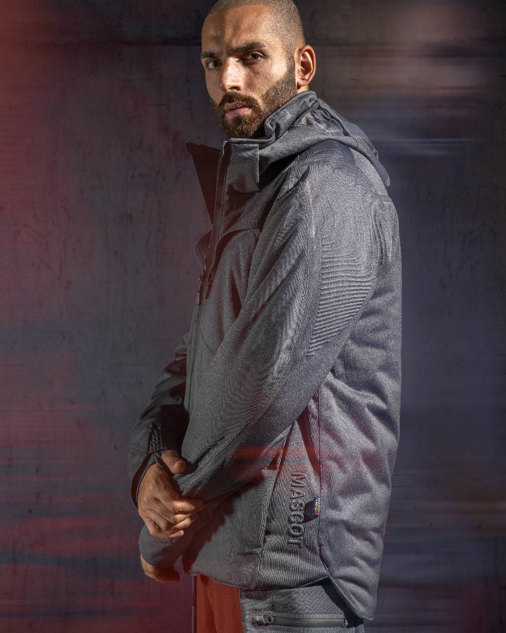 Stone Grey Coloured Mascot Workwear Mens Customized Ultimate Stretch Winter Jacket on studio background