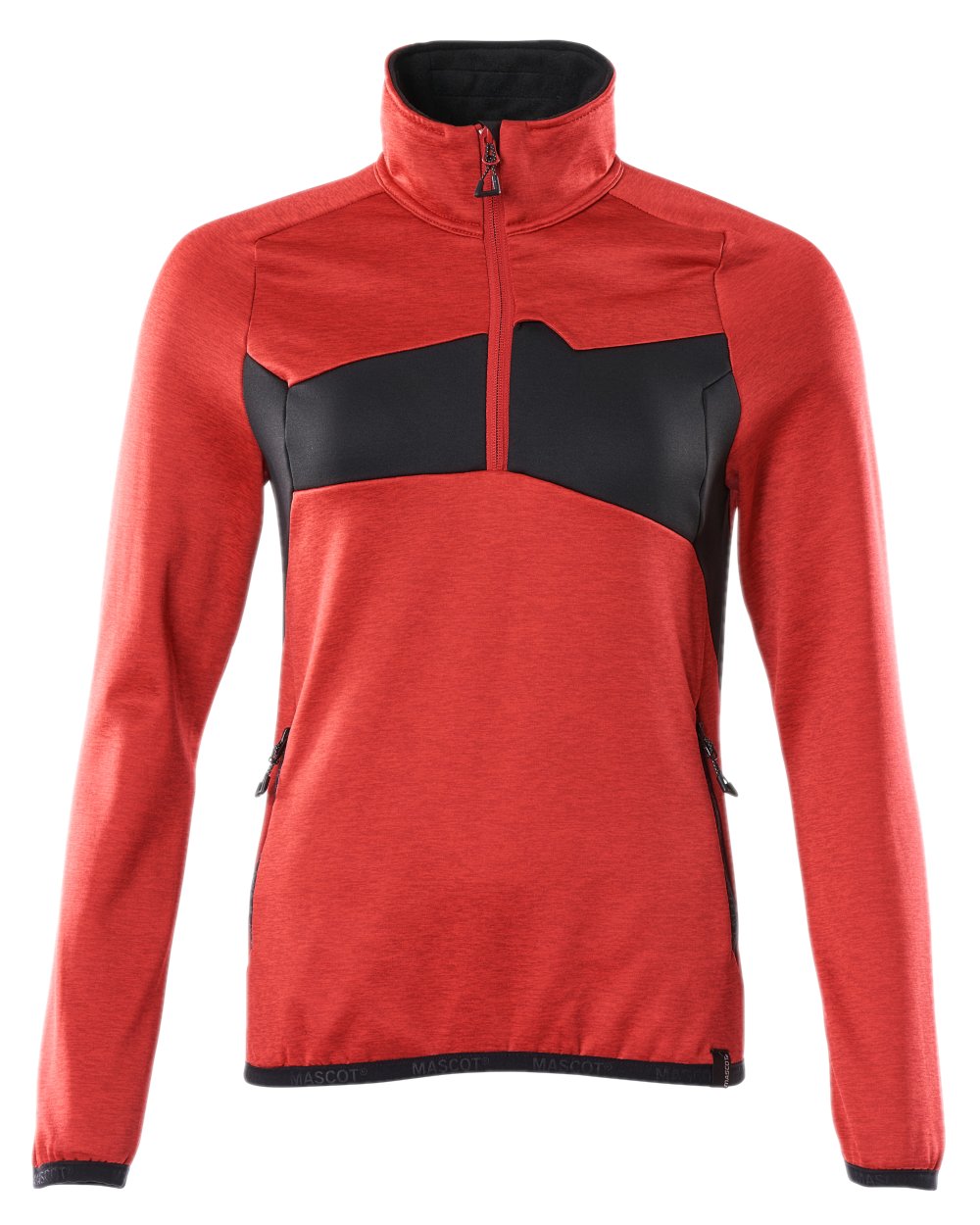 Traffic Red Black Coloured Mascot Workwear Womens Accelerate Fleece Jumper With Half Zip on white background