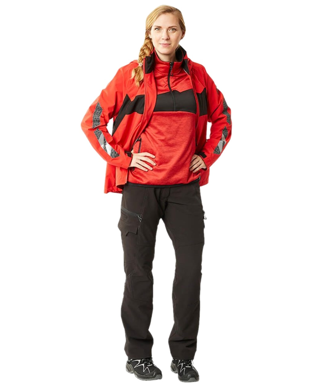 Traffic Red Black Coloured Mascot Workwear Womens Accelerate Fleece Jumper With Half Zip on white background