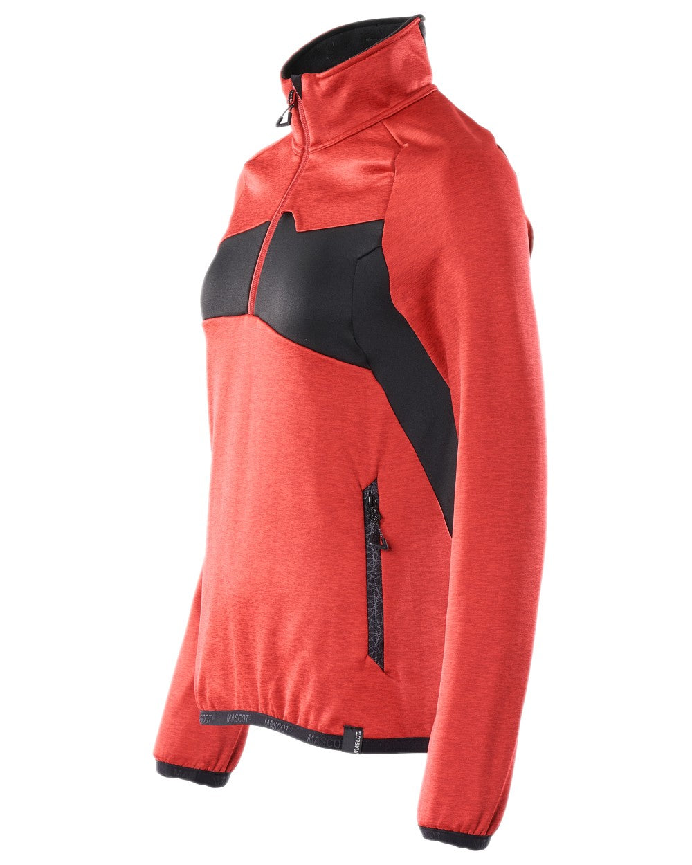 Traffic Red Black Coloured Mascot Workwear Womens Accelerate Fleece Jumper With Half Zip on white background