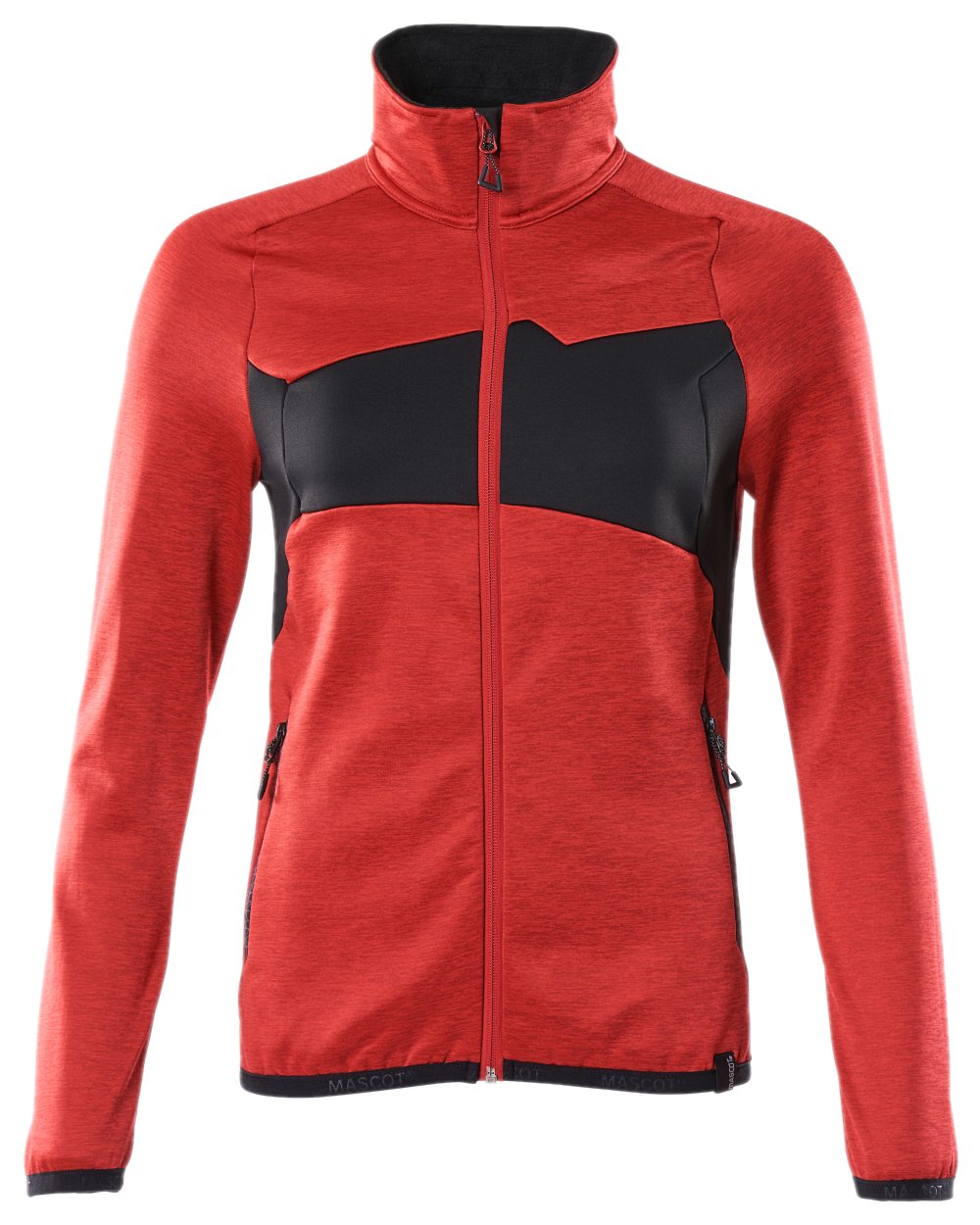 Traffic Red Black Coloured Mascot Workwear Womens Accelerate Fleece Jumper With Zipper on white background