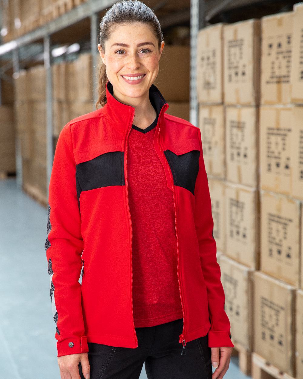 Traffic Red Black Coloured Mascot Workwear Womens Accelerate Jacket on warehouse background