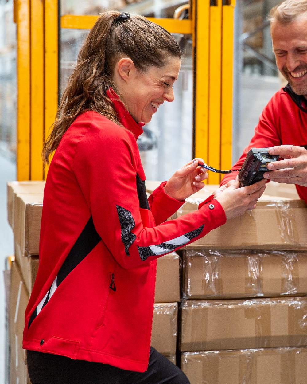 Traffic Red Black Coloured Mascot Workwear Womens Accelerate Jacket on warehouse background