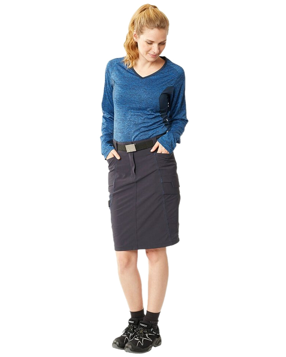 Dark Navy Coloured Mascot Workwear Womens Accelerate Pearl Fit Skirt on white background