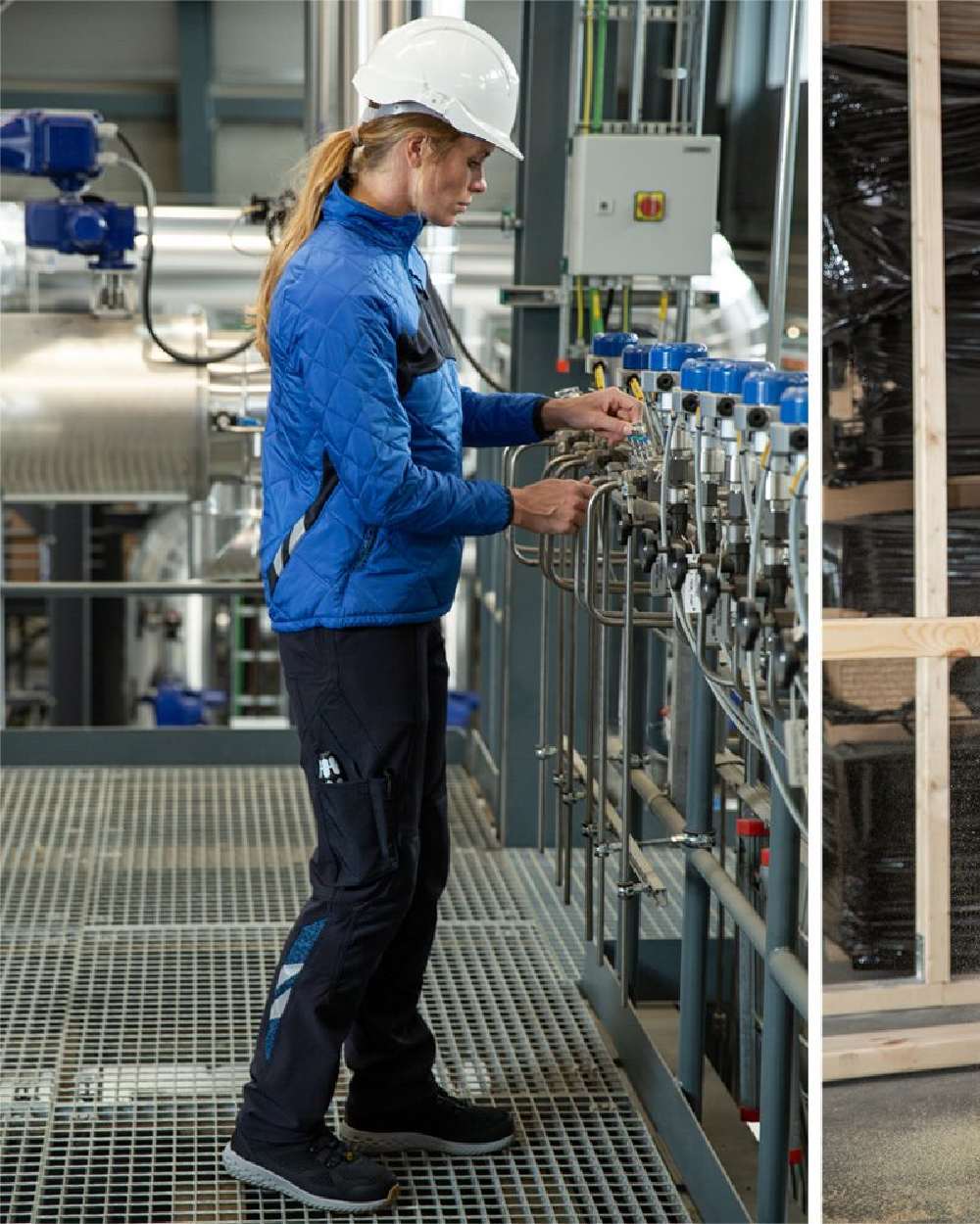 Azure Blue Dark Navy Coloured Mascot Workwear Womens Accelerate Thermal Jacket on factory background