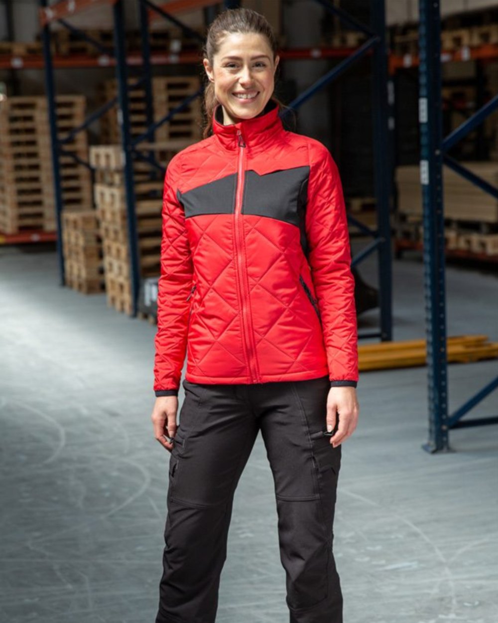 Traffic Red Black Coloured Mascot Workwear Womens Accelerate Thermal Jacket on warehouse background