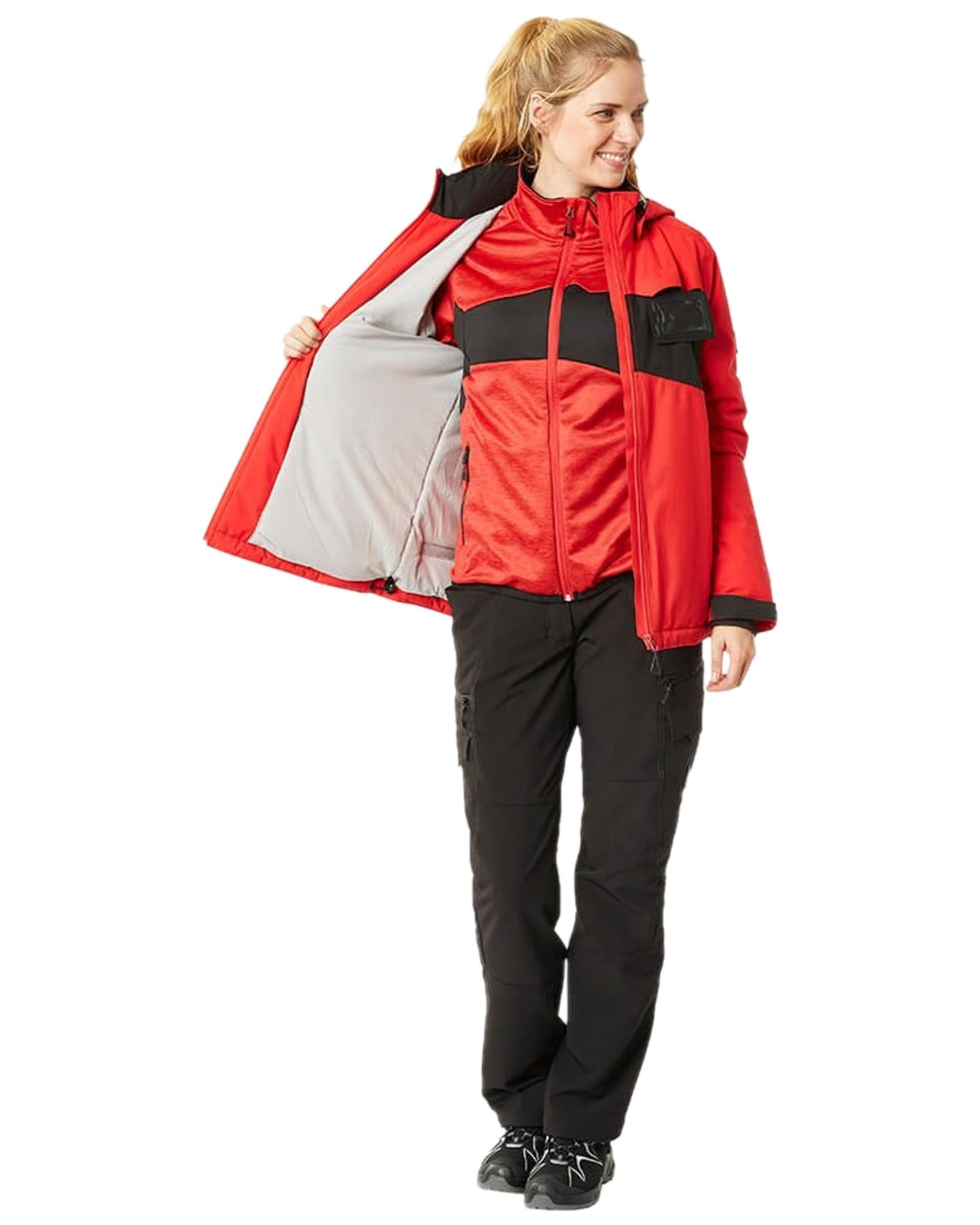 Traffic Red Black Coloured Mascot Workwear Womens Accelerate Waterproof Winter Jacket on white background
