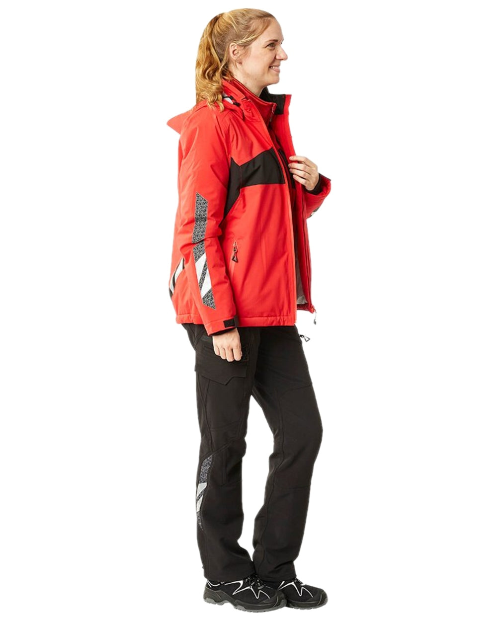 Traffic Red Black Coloured Mascot Workwear Womens Accelerate Waterproof Winter Jacket on white background
