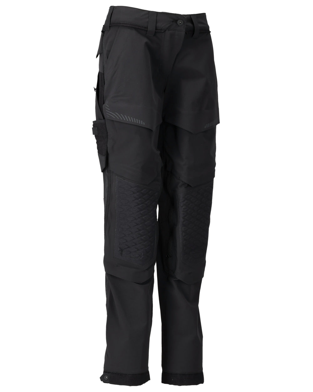 Black Coloured Mascot Workwear Womens Customized Diamond Fit Trousers With Kneepad Pockets on white background