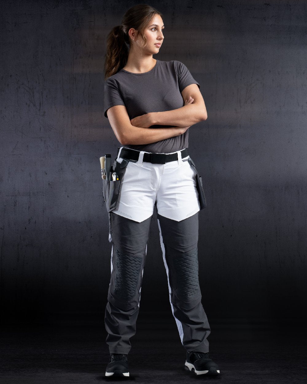 White Stone Grey Coloured Mascot Workwear Womens Customized Water Repellent Trousers With Kneepad Pockets on studio background