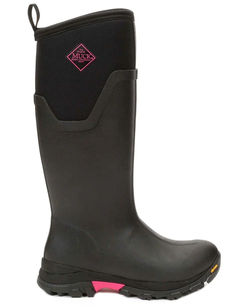 Black Hot Pink coloured Muck Boots Womens Arctic Ice Tall Wellingtons on white background