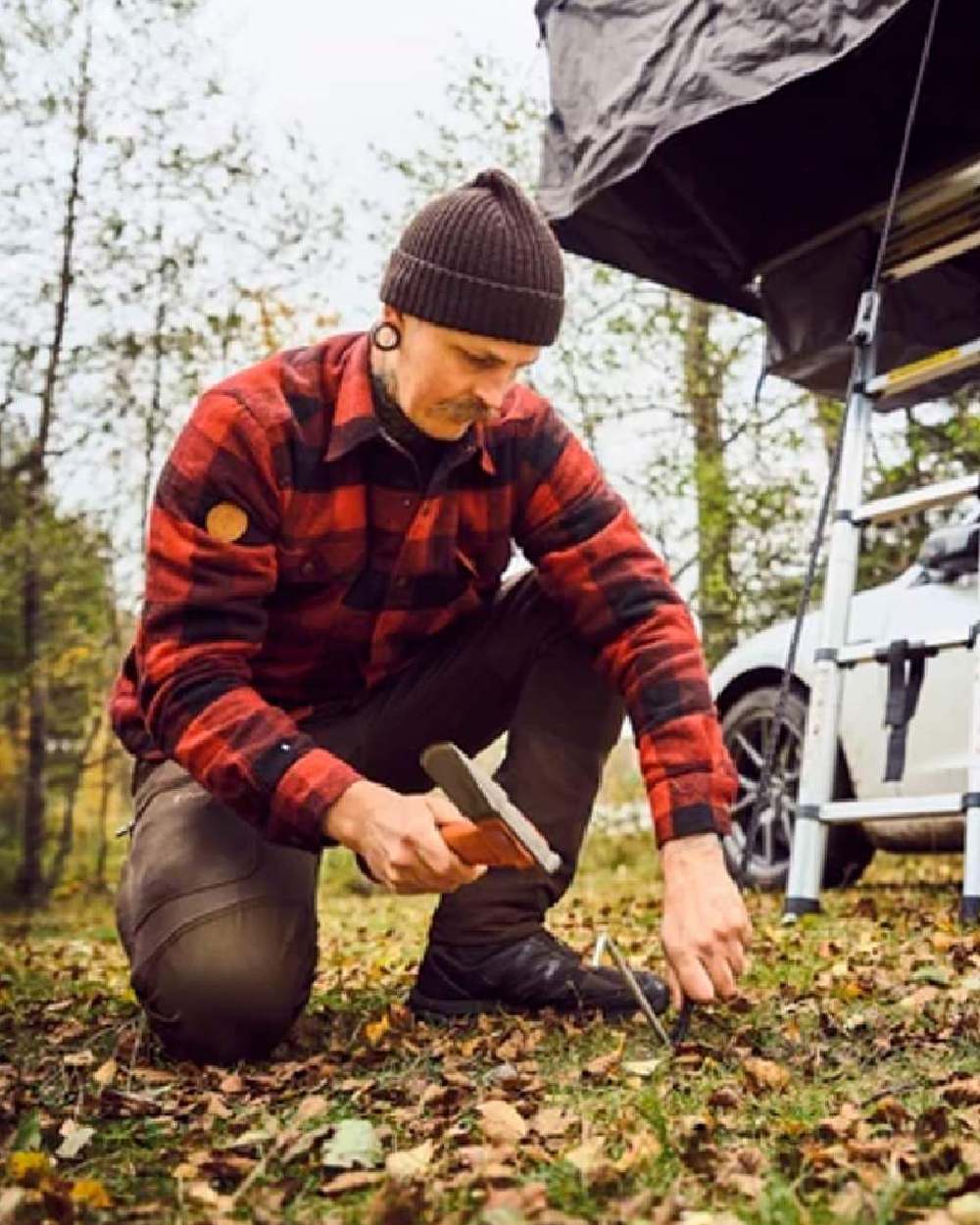 Red Black coloured Pinewood Mens Canada Classic 2.0 Shirt on forest background