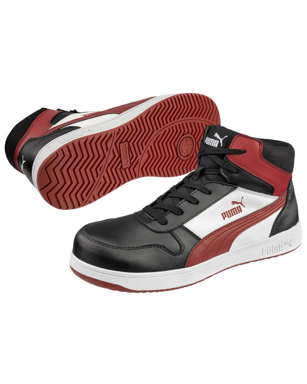 Black Red Coloured Puma Safety Mens Frontcourt Safety Shoes on white background