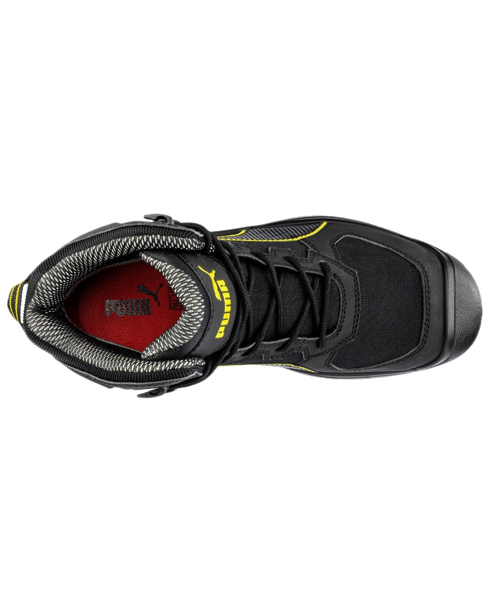 Black Yellow Coloured Puma Safety Mens Rock Heavy Duty CTX Mid Safety Shoes S7S on white background
