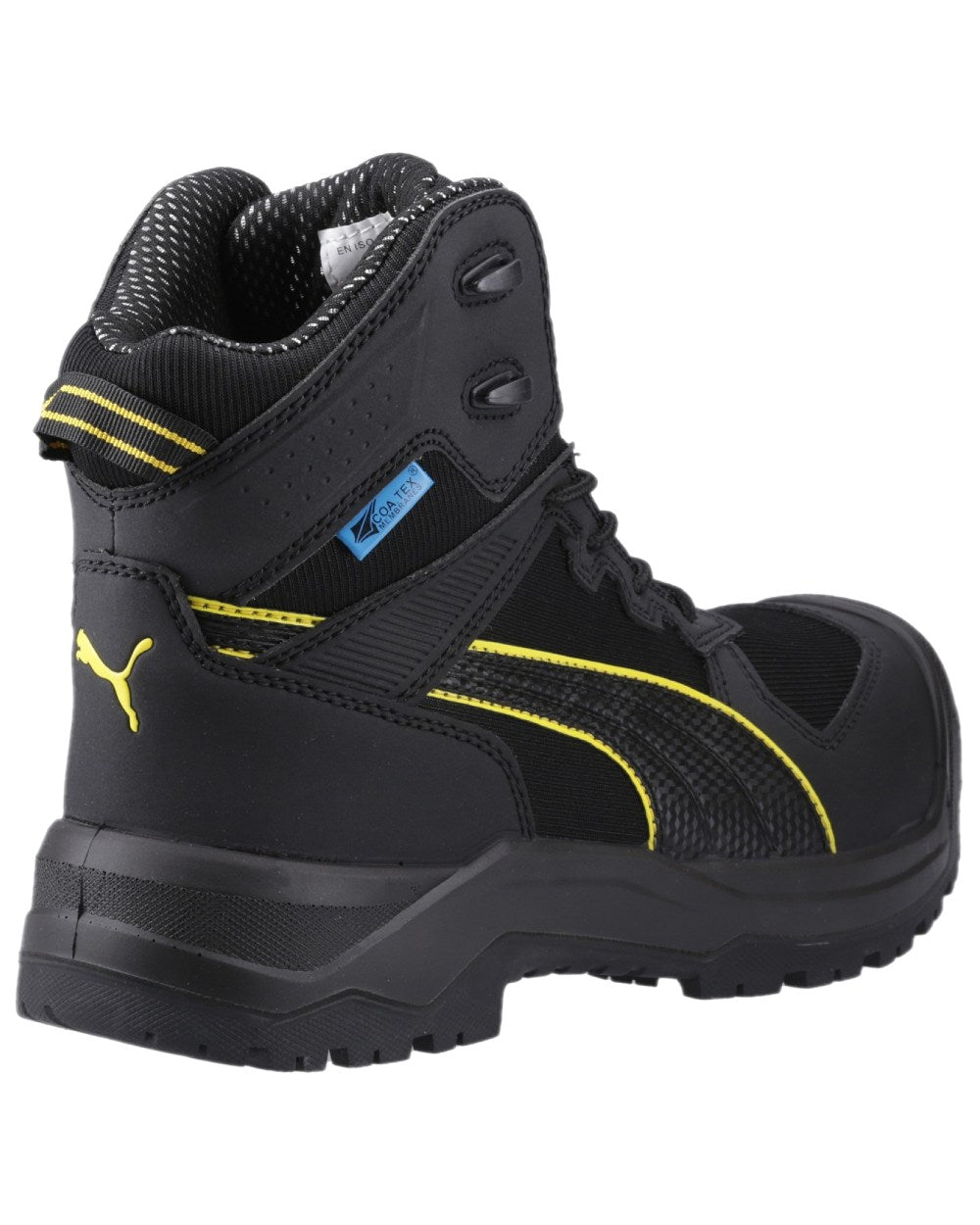 Black Yellow Coloured Puma Safety Mens Rock Heavy Duty CTX Mid Safety Shoes S7S on white background