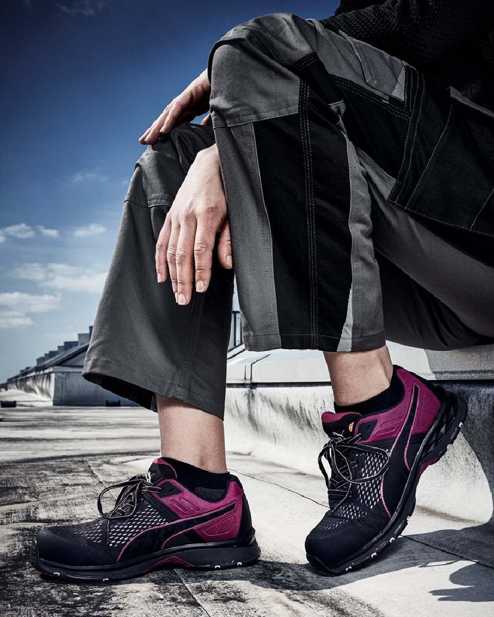 Black Coloured Puma Safety Womens Define Safety Trainers on outdoor background