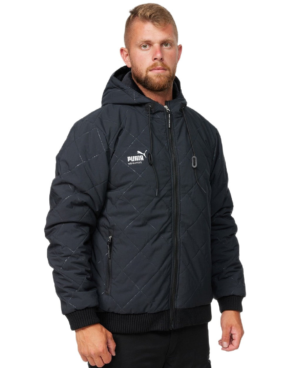 Carbon Coloured Puma Workwear Mens Essentials Hooded Winter Work Jacket on white background